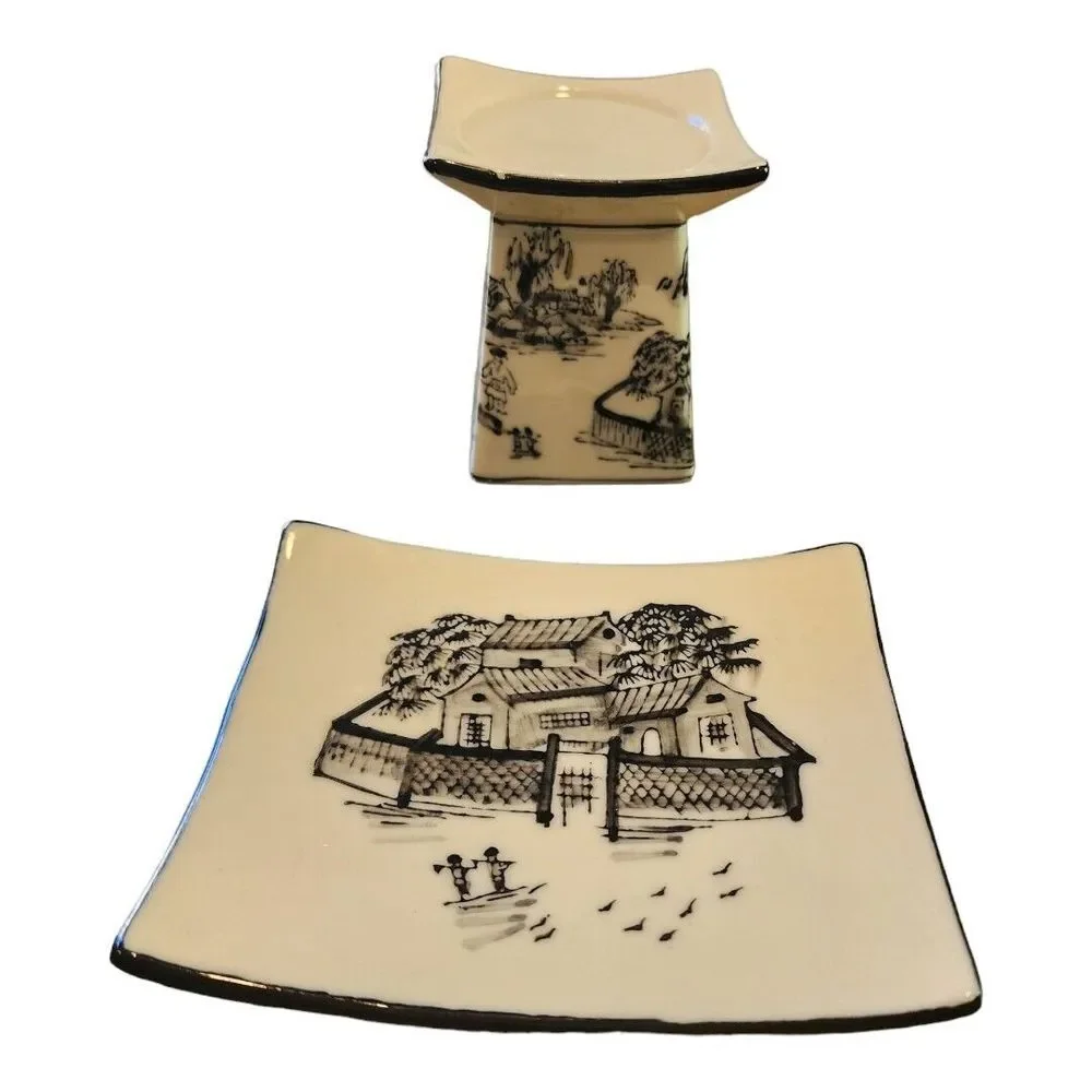 Vintage Asian Village Black Cream Square‎ Transfer Ware Candle Holder Set